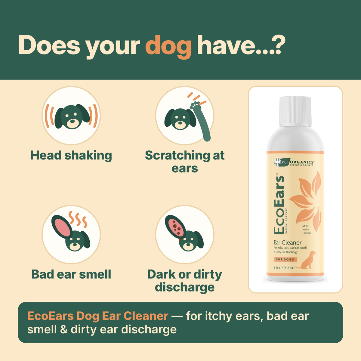 Does your dog have head shaking, scratching at ears, bad ear smell or dark discharge? EcoEars Dog Ear Cleaner