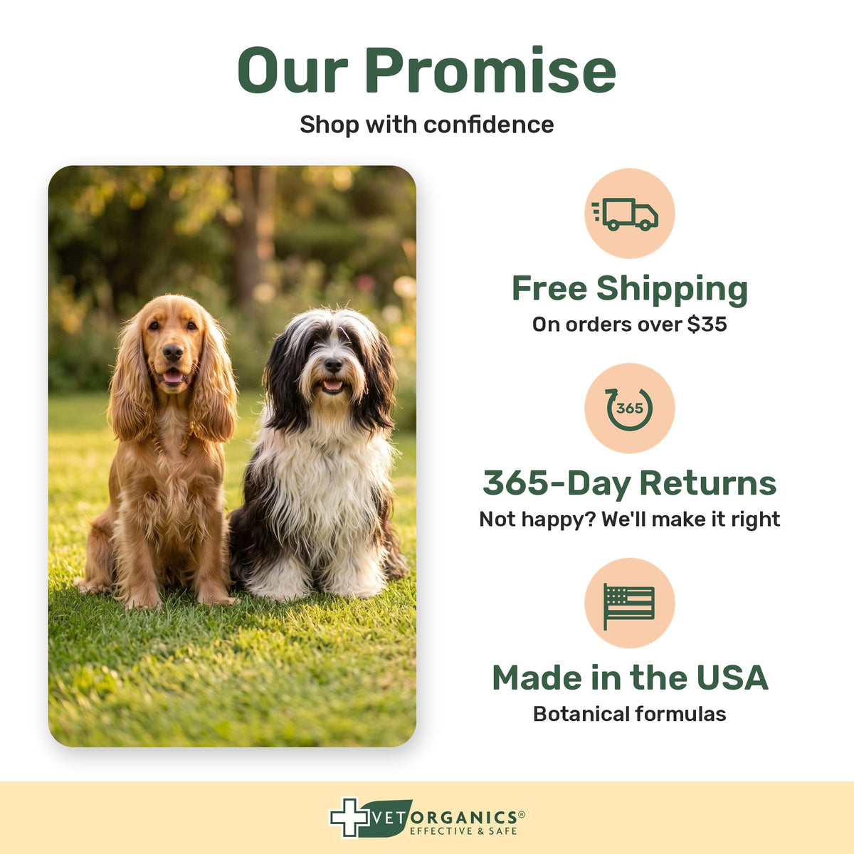 Vet Organics promise: free shipping over $35, 365-day returns, made in the USA with botanical formulas